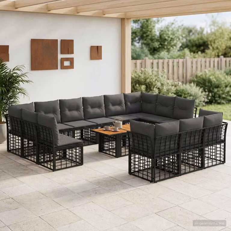 Set Divano da Giardino vidaXL 14 Pezzi in Polyrattan con Cuscini e Tavolino, Design Moderno a L, Nero e Grigio