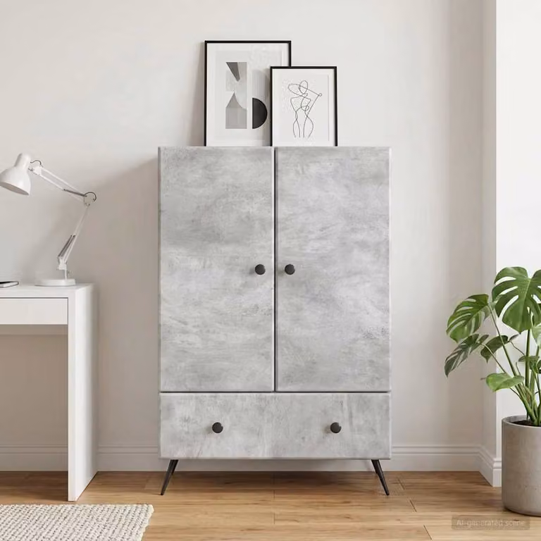 Credenza moderna vidaXL in legno MDF e metallo, colore grigio cemento, L: 66 cm, P: 34,5 cm, H: 95 cm