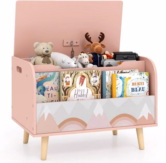 Cassapanca organizer per giocattoli in legno massello e MDF con libreria frontale e coperchio ribaltabile, colore rosa