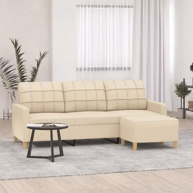Divano a 3 Posti con Poggiapiedi-Sofa 3 Posti con Poggiapiedi Crema 180 cm in Tessuto 906311