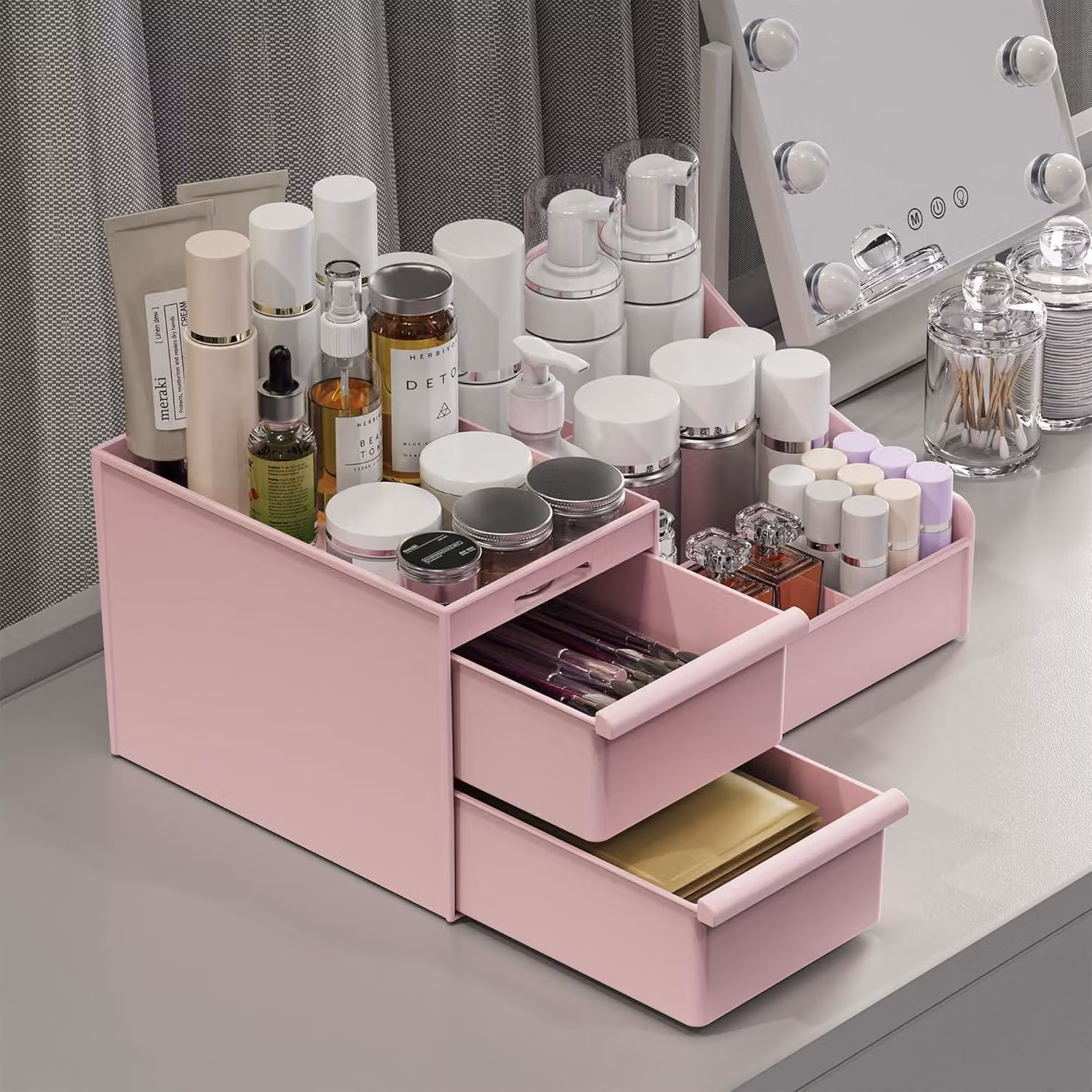 Organizzatore per cosmetici con cassetti, contenitore per trucchi, scatola per cosmetici, da utilizzare sulla toeletta, colore rosa