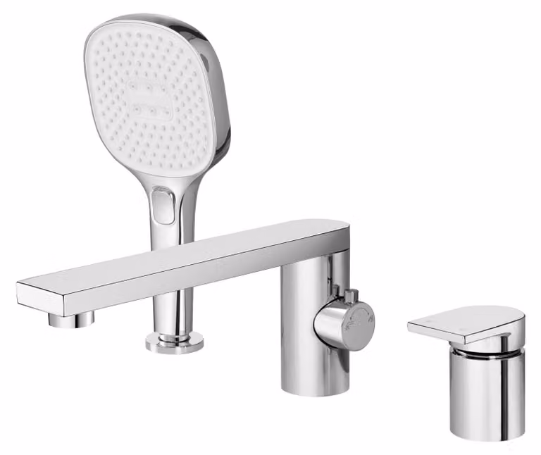 Rubinetto da bagno a 3 fori con doccetta manuale, in ottone, cromato, con altezza del beccuccio di 11,5 cm