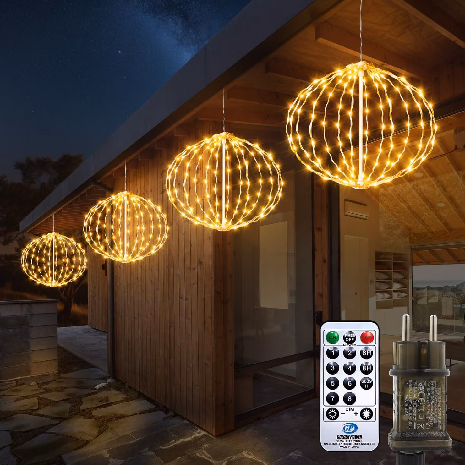 4 sfere luminose a LED, diametro 30 cm, luce bianco caldo, grado di protezione IP44, con timer e telecomando