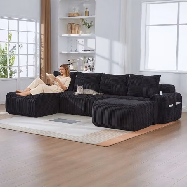 Divano 4 posti con 2 poggiapiedi ¨C Minimal ¨C nero tessuto con porta bevande e tasche portaoggetti