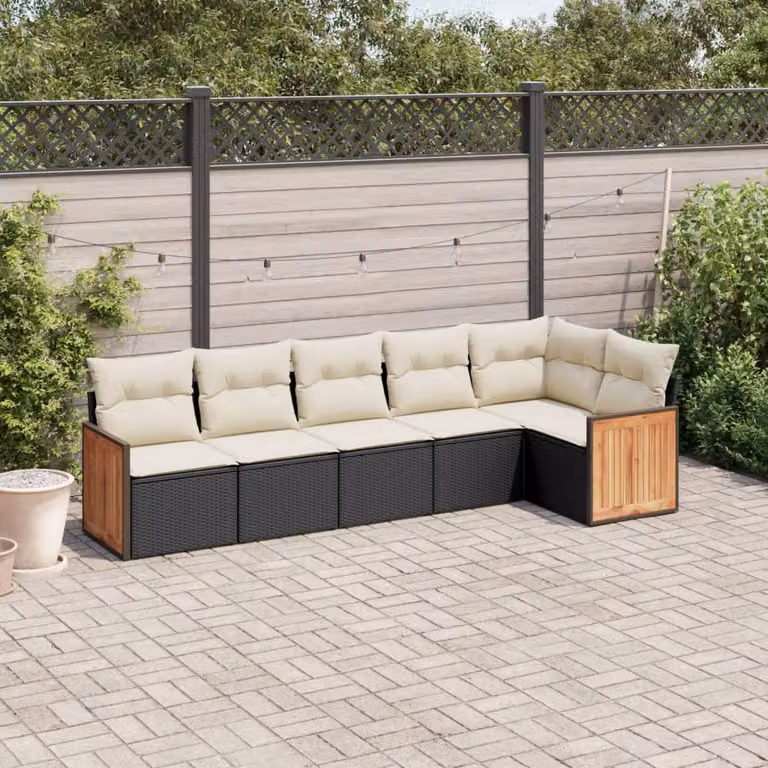 Set Divano da Giardino vidaXL 6 pz a Forma a L con Cuscini, Polyrattan e Metallo, Nero