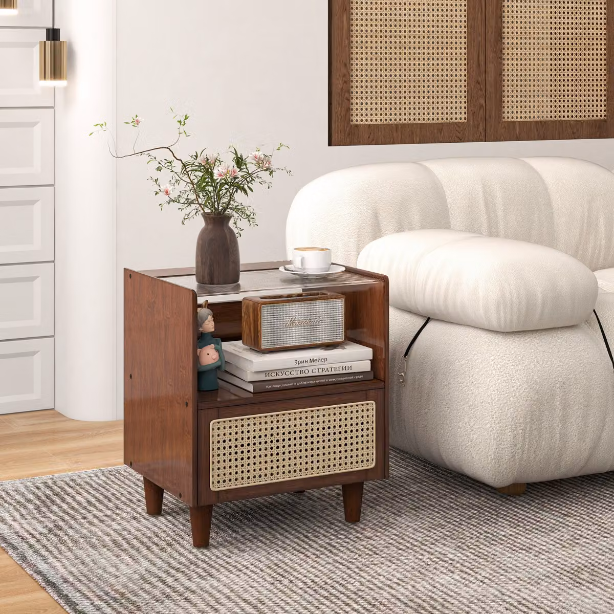 Comodino Costway in bambù e rattan con cassetto e gambe in legno massello, stile boho, Marrone, L 35 cm x P 35 cm x H 50 cm