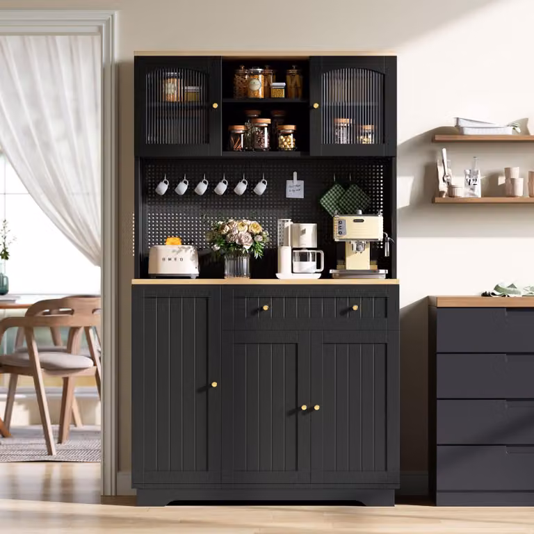 Mobiletto da cucina Merax con ante in vetro, mobiletto buffet con cassetto, mobiletto alto con ripiani regolabili, dispensa con pannello forato, colore nero