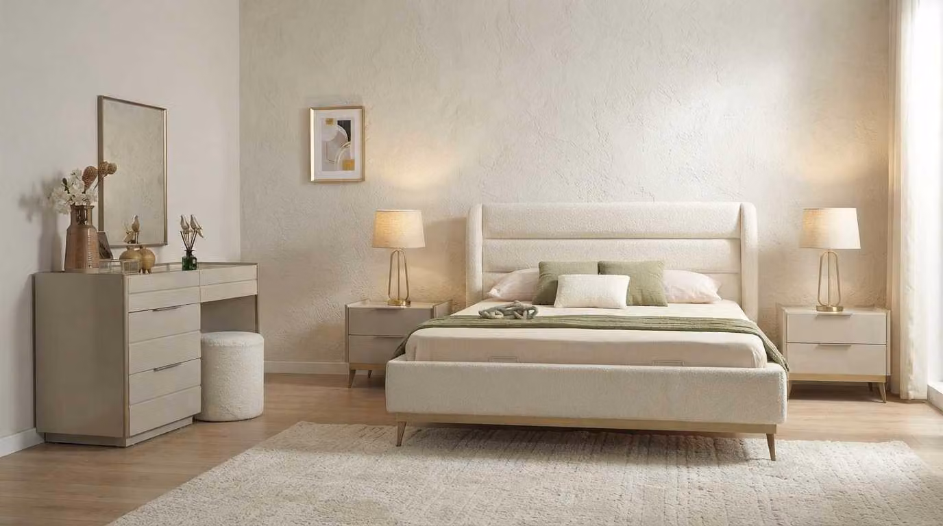 Set per camera da letto beige, moderno e composto da: letto, tavolino da trucco, 2 comodini