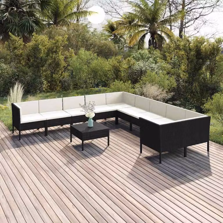 Set di divani da giardino vidaXL 11 pezzi con cuscini in rattan e struttura in metallo nero e bianco con forma a U e sedute imbottite