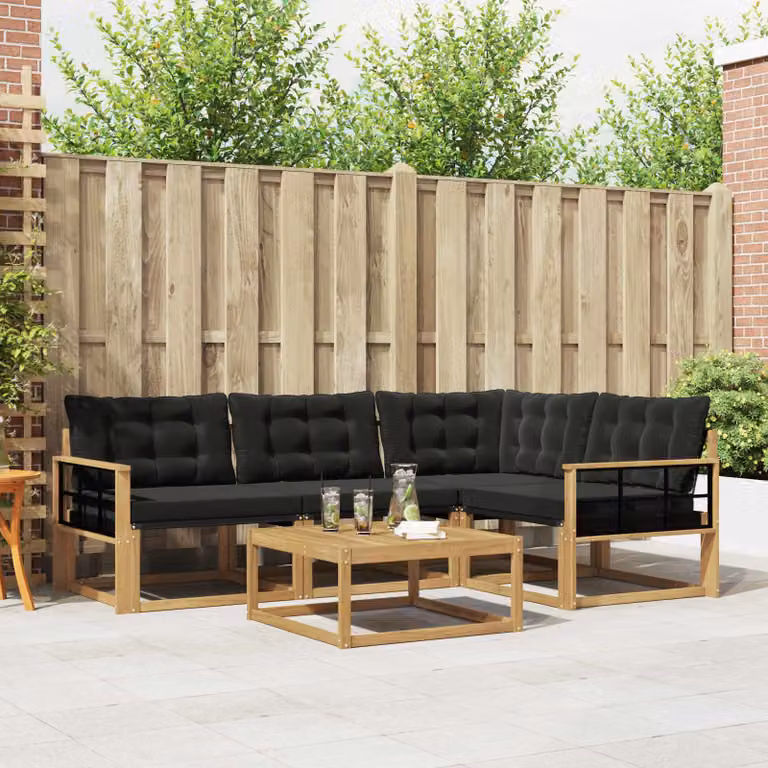 Set di divani da esterno vidaXL a forma di L con tavolo da caffè, realizzato in legno di acacia trattato e tessuto textilene, colore bianco, nero e marrone