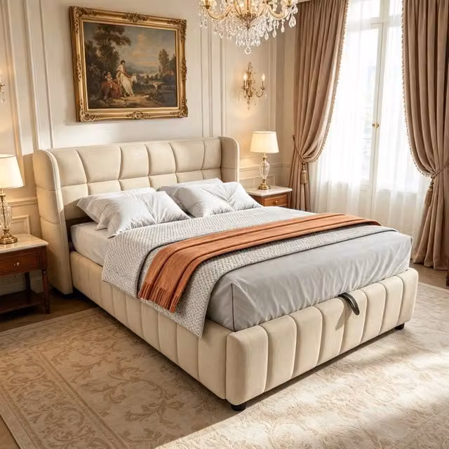 Letto contenitore 140 x 200 cm con contenitori e scrivania integrata, meccanismo idraulico, letto imbottito in tessuto beige con testiera contenitore
