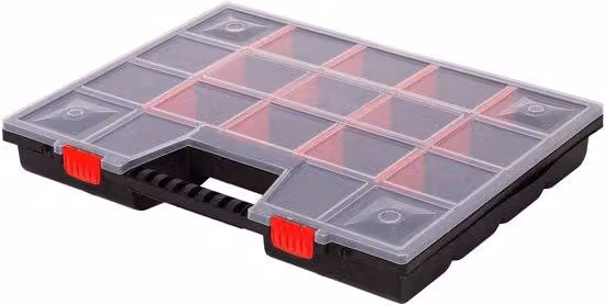 Contenitore Unyqoos® con coperchio trasparente, 18 scomparti regolabili – Polipropilene, 490 x 390 x 65 mm – Ideale per la conservazione di viti e piccoli oggetti