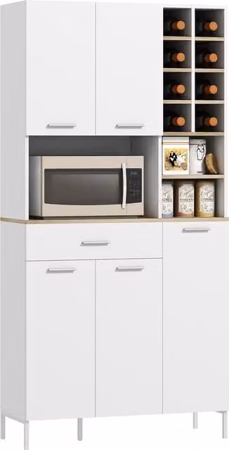 Armadio dispensa da cucina HOMCOM bianco con 5 ante, ripiani aperti e portabottiglie in MDF