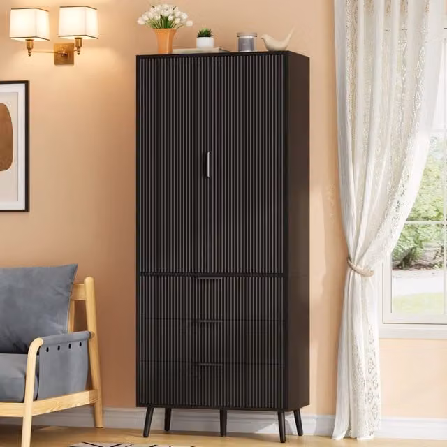 Mobile colonna da cucina con 2 ante 3 cassetti ripiani regolabili e vani nelle ante in MDF nero 75 × 35 × 180 cm