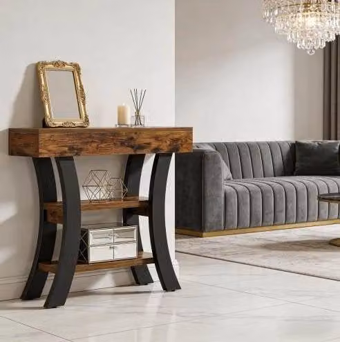 Tavolo consolle 105x30x80 cm nero e marrone rustico, 3 ripiani, MDF e metallo