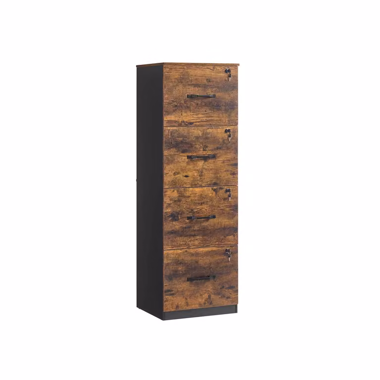 Cassettiera da ufficio con ruote serratura e supporto per stampante, Marrone Vintage + Nero Inchiostro / 4 Cassetti (135,5H cm)