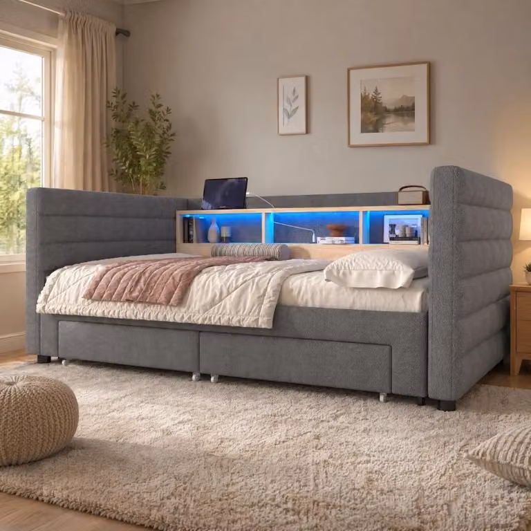 Divano letto estraibile Mivray in velluto grigio con illuminazione LED, porte USB e Type-C, due cassetti e vani portaoggetti, L/P: 90 x 190 cm
