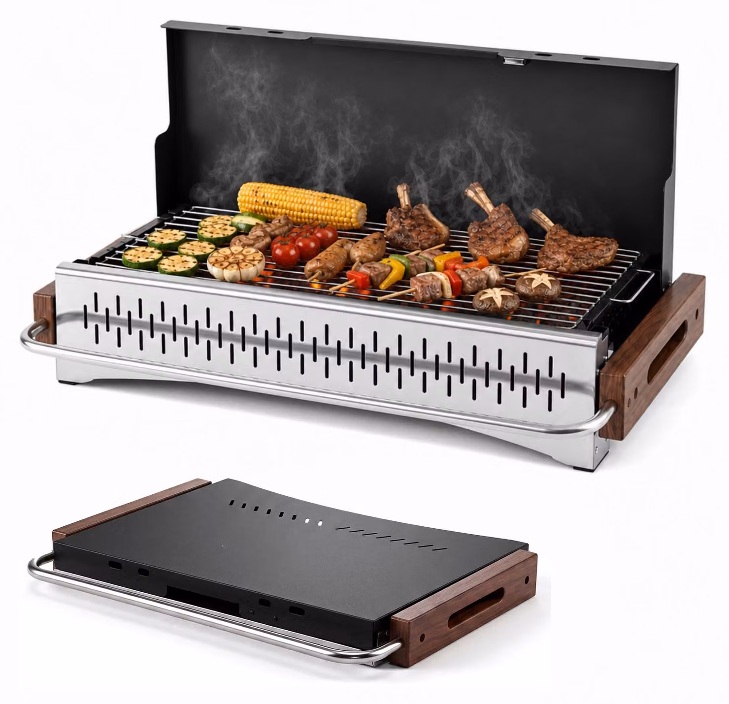 Griglia a carbone portatile e pieghevole KOMFOTTEU, con griglia regolabile in due altezze, maniglie in legno, chiusura magnetica, ideale per barbecue e campeggio