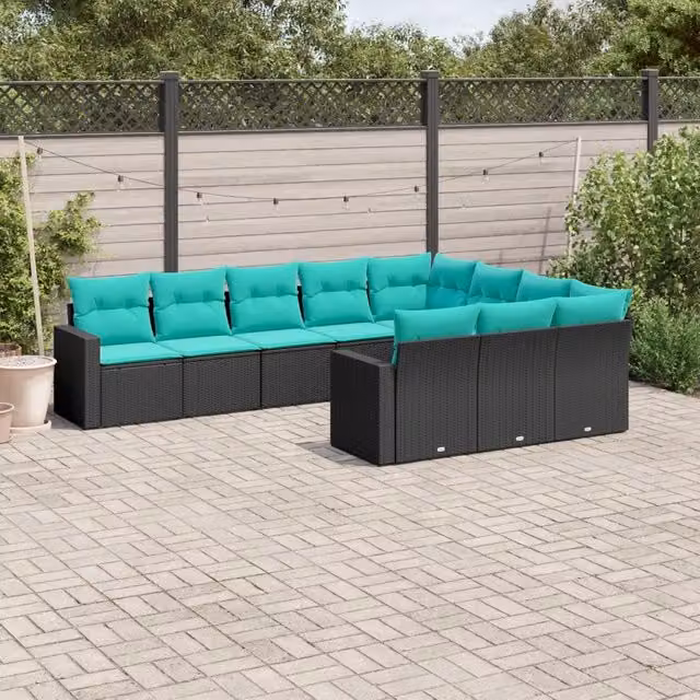 Set Divani da Giardino 10 pz con Cuscini Nero in Polyrattan 3219477
