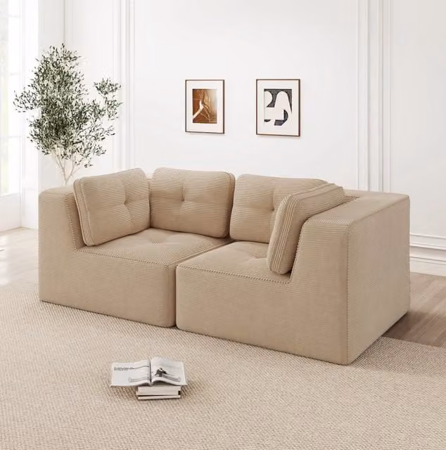 Divano angolare modulare senza struttura rigida in velluto a coste beige