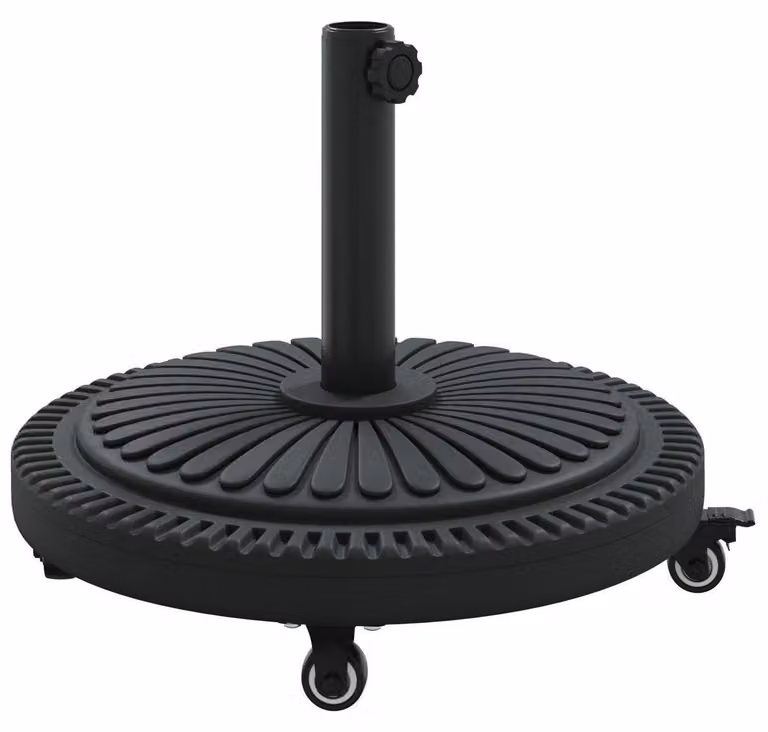 Supporto per ombrellone con rotelle, adatto per aste di diametro 38-48 mm, realizzato in metallo e con un peso di 13 kg