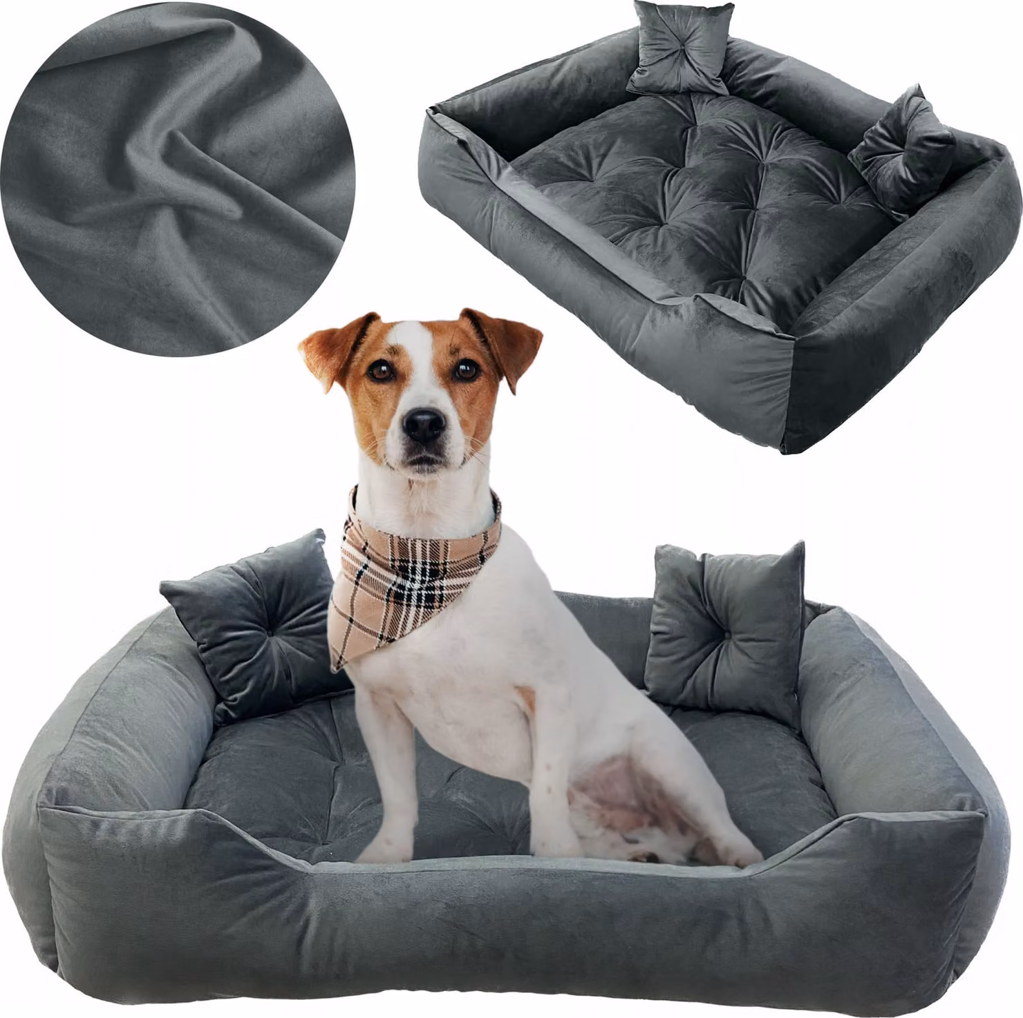 Cuccia per cani, lettino 135x100 cm, cuscini trapuntati, divano, lettino, recinto, velluto grigio