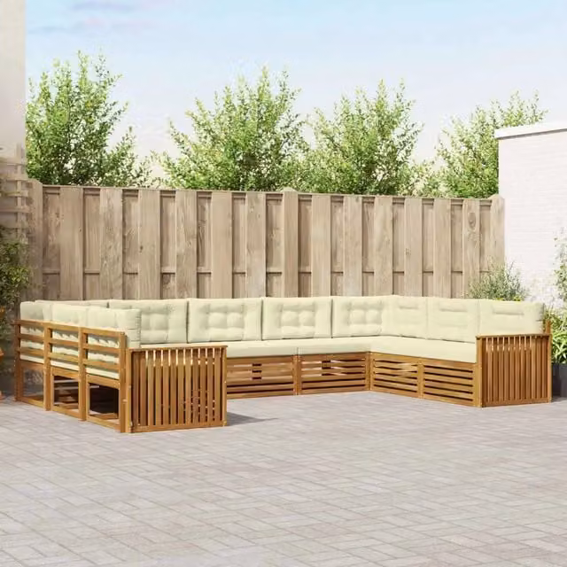 Set di divani da esterno a L vidaXL in legno di acacia con cuscini beige e bianco