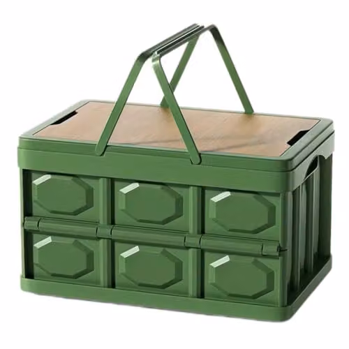PHQCIV Scatola ripiegabile con coperchio in legno, 35L, portata 100 kg, organizzatore multifunzionale per bagagliaio auto, campeggio, picnic, casa ed esterni(Green)
