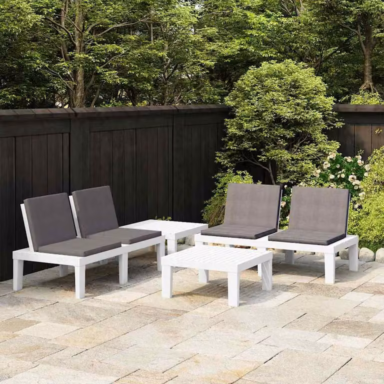 Set da giardino moderno vidaXL con divano a due posti, tavolino da caffè e cuscini in tessuto, colore bianco e antracite