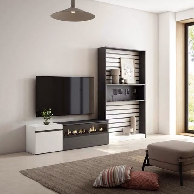 Mobile TV da soggiorno SKRAUT HOME con camino elettrico, per TV fino a 65 pollici, Bianco e nero, L: 260 cm, P: 35 cm, H: 186 cm