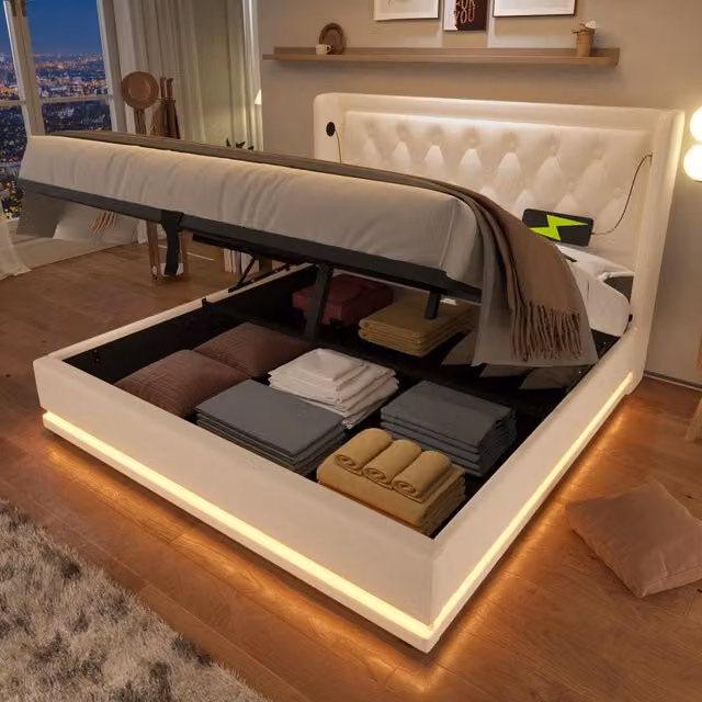 Letto matrimoniale 140 × 200 cm contenitore in PU bianco con testiera imbottita USB tipo C e LED su 3 lati