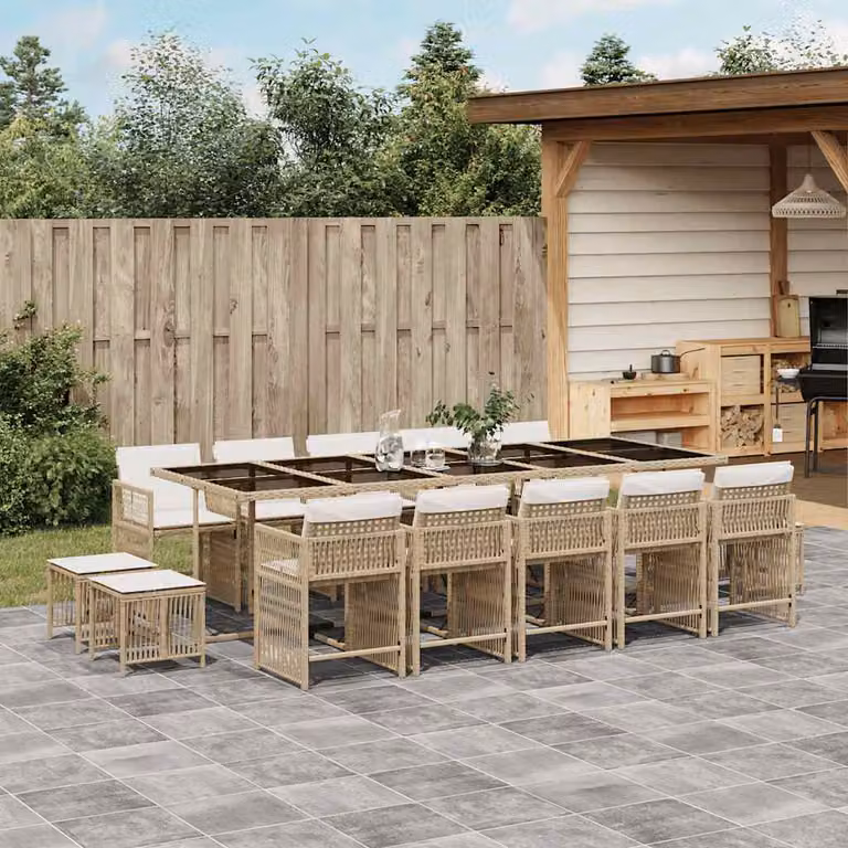vidaXL Set da Pranzo da Giardino 15 pz in Polyrattan con Cuscini Beige e Piano in Vetro