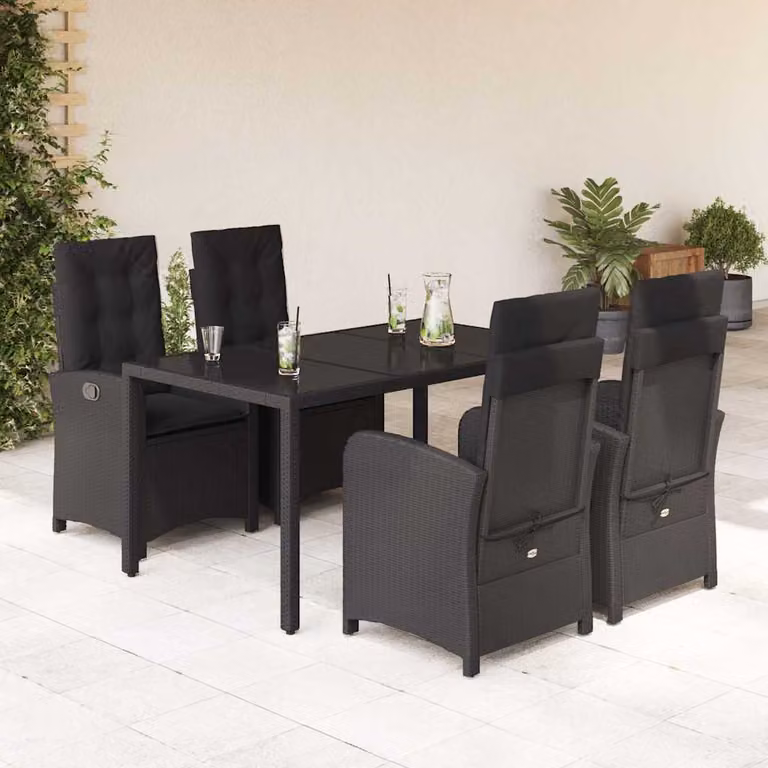 Set da Pranzo da Giardino vidaXL 5 pz in Polyrattan Nero con Cuscini e Tavolo in Vetro