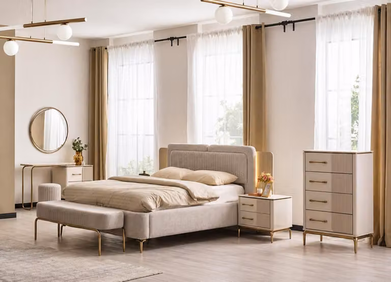 Set completo per la camera da letto, comprensivo di letto, comò, specchio e tavolino da trucco