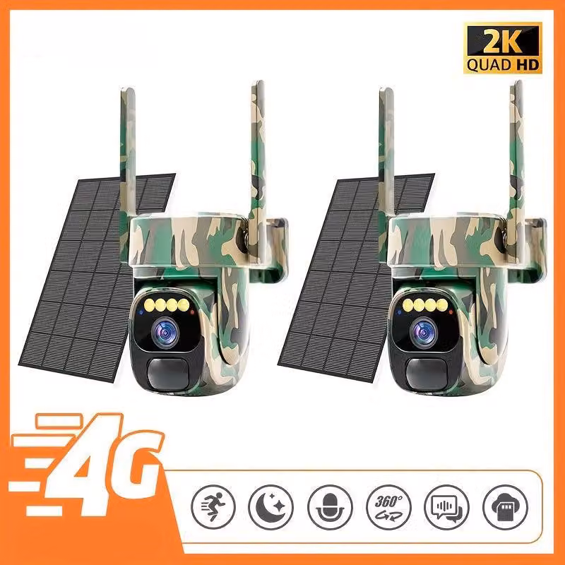 Telecamera di sicurezza wireless per esterni - Kit composto da 2 unità, con tecnologia 4G LTE, risoluzione 2K HD, pannello solare e visione notturna
