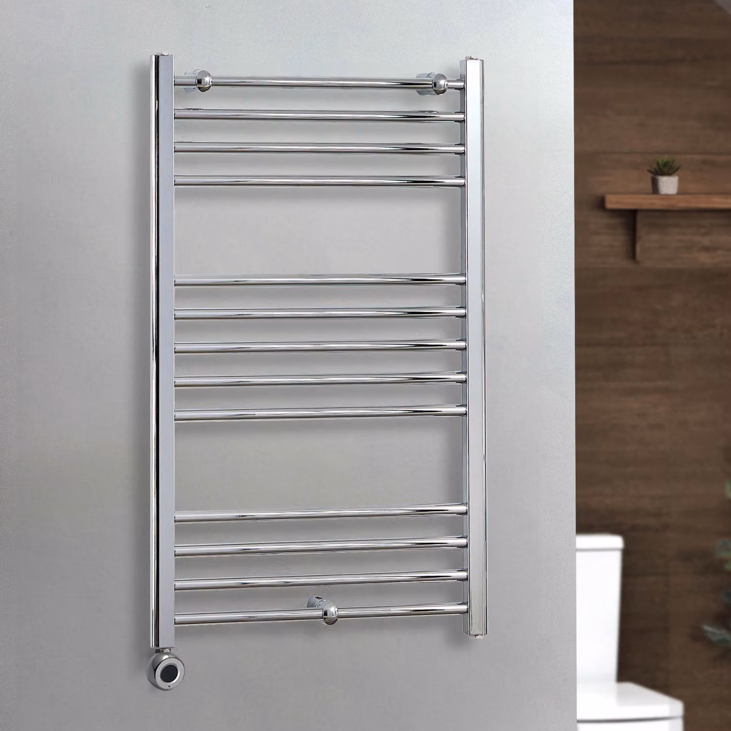 Scaldasalviette Elettrico Diritto Cromato ECOSO by Hudson Reed con Elemento Termostatico Wi-Fi e Presa Elettrica L: 100 cm, P: 60 cm