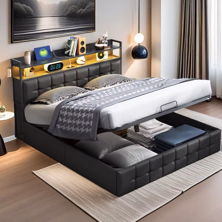 UnboxG letto imbottito 160x200cm con connessione di ricarica USB e Type-C, letto matrimoniale giovanile con LED, letto contenitore idraulico con rete a doghe, PU, nero