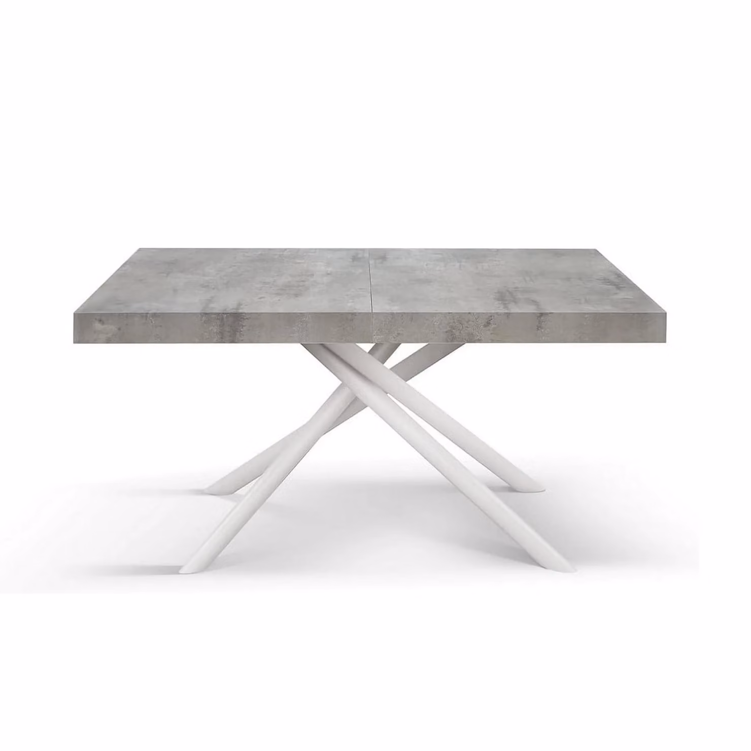 Tavolo CARRARA in legno, finitura grigio cemento e base in metallo verniciato bianco, allungabile 140×90 cm – 220×90 cm