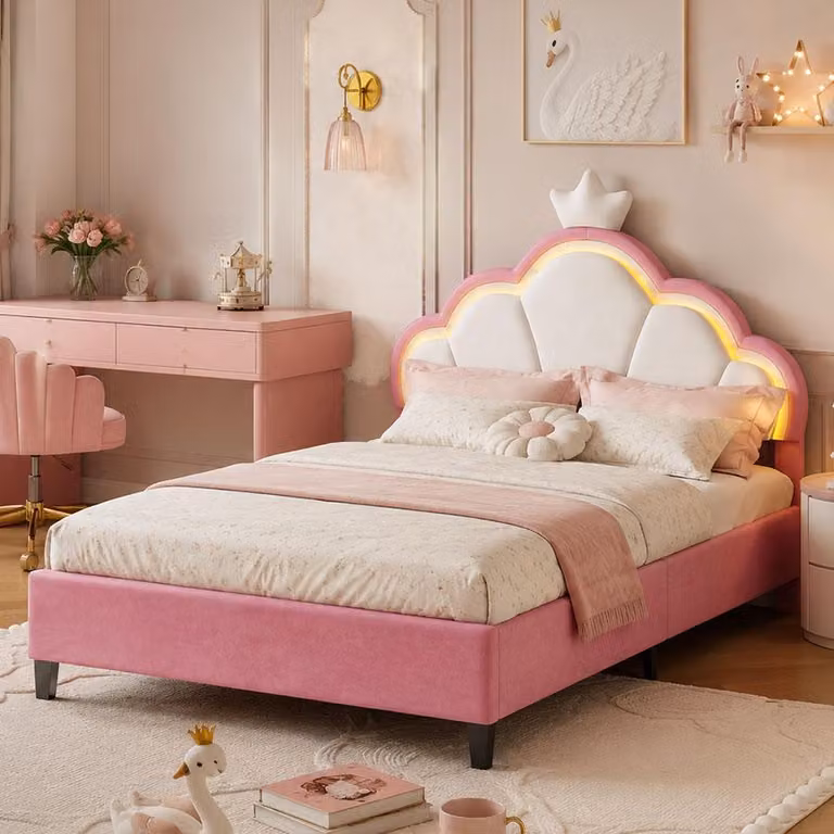 Letto per bambini INONEFT, 90 x 200 cm, letto singolo con testiera a forma di e illuminazione LED, letto imbottito con testiera regolabile in altezza, letto per adolescenti, in velluto, rosa