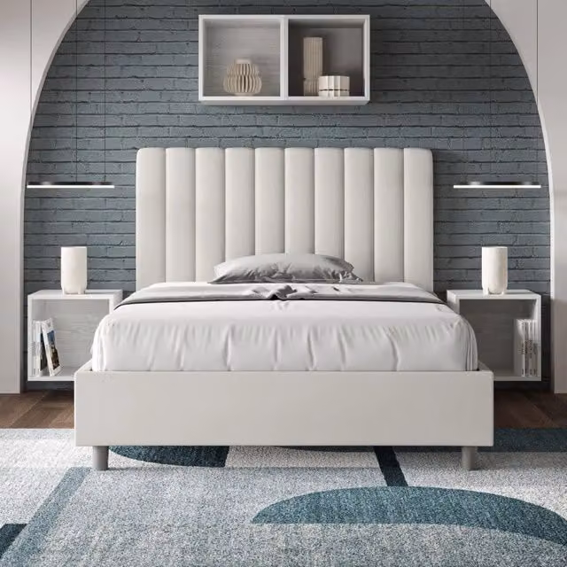 Letto imbottito Piazza e mezzo 130x200 cm Agueda - Bianco,Similpelle,Contenitore