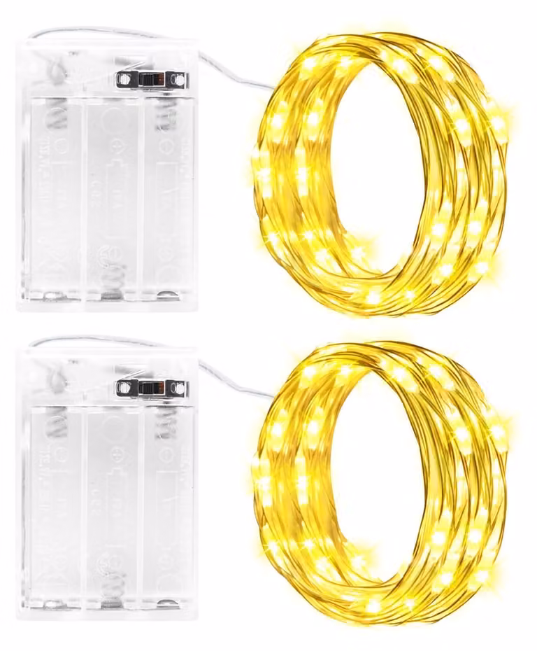 Set di 2 catene luminose micro LED, lunghezza 3 metri, 30 LED, luce bianco caldo, grado di protezione IP65, con timer