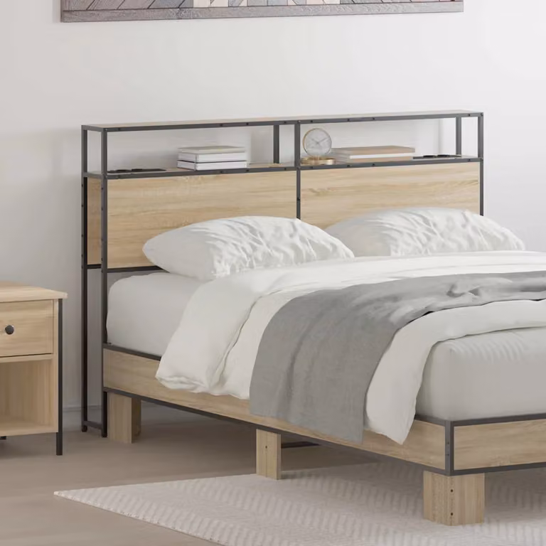 vidaXL Testata letto con contenitore e ripiano integrato in rovere sonoma e metallo con porta USB, marrone