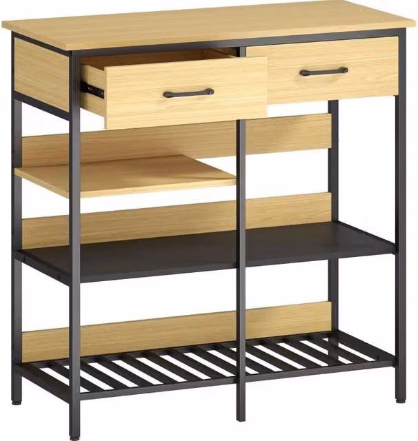 Credenza con 2 cassetti e 3 ripiani aperti in legno naturale 90x40x91 cm con struttura in acciaio