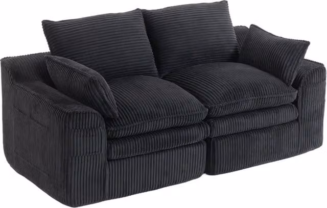 Divano modulare 2 posti in corduroy nero con cuscini e doppie tasche laterali, imbottitura a 3 strati e molle integrate, 191x94x85 cm
