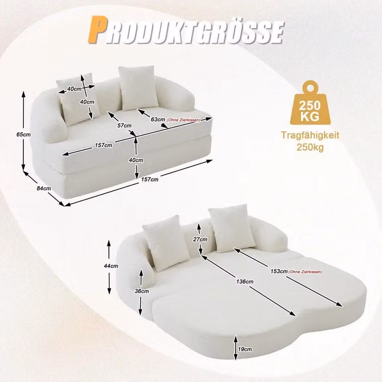 Divano 2 in 1 in microfibra - Divano letto 2 posti - Estensibile - Con 2 cuscini - Multifunzionale - Beige