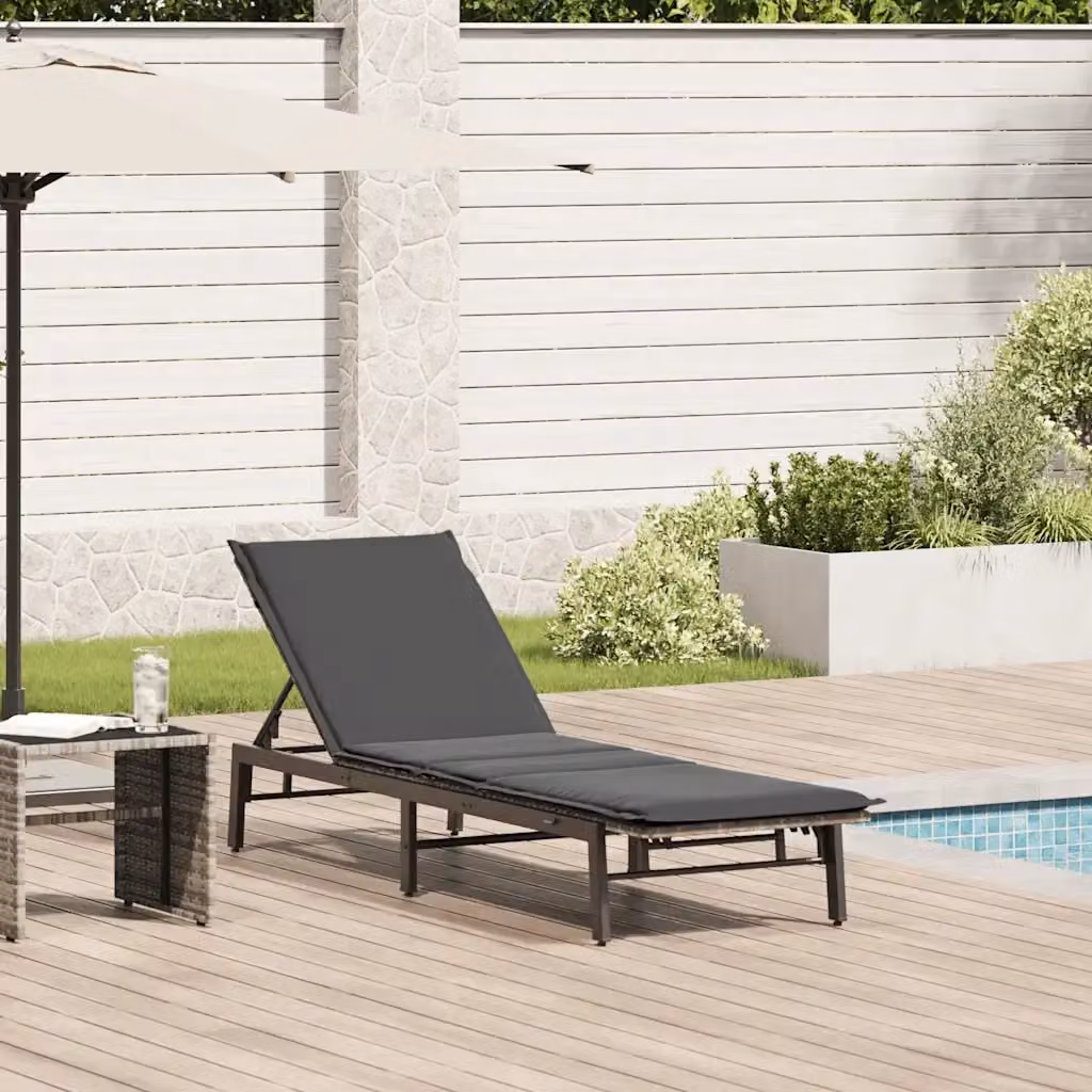 Lettino prendisole in polyrattan con cuscino grigio e poggiatesta regolabile per giardino – 2
