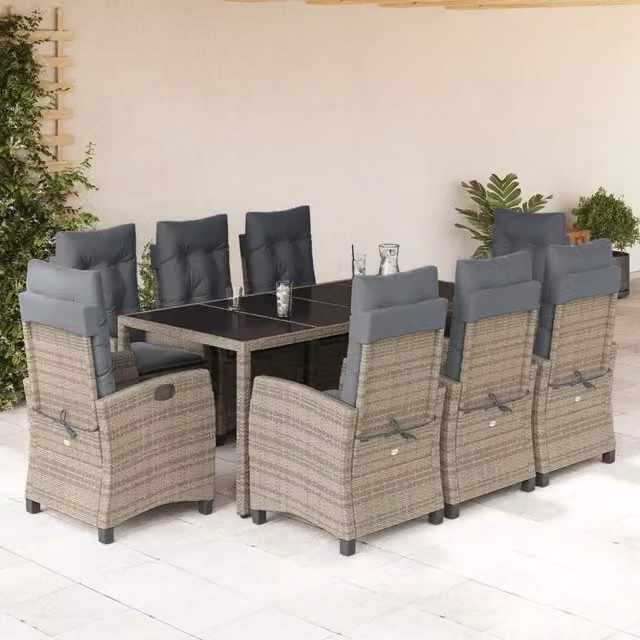 Set da Pranzo da Giardino vidaXL in Polyrattan Grigio con Tavolo in Vetro e 9 Sedute con Cuscini