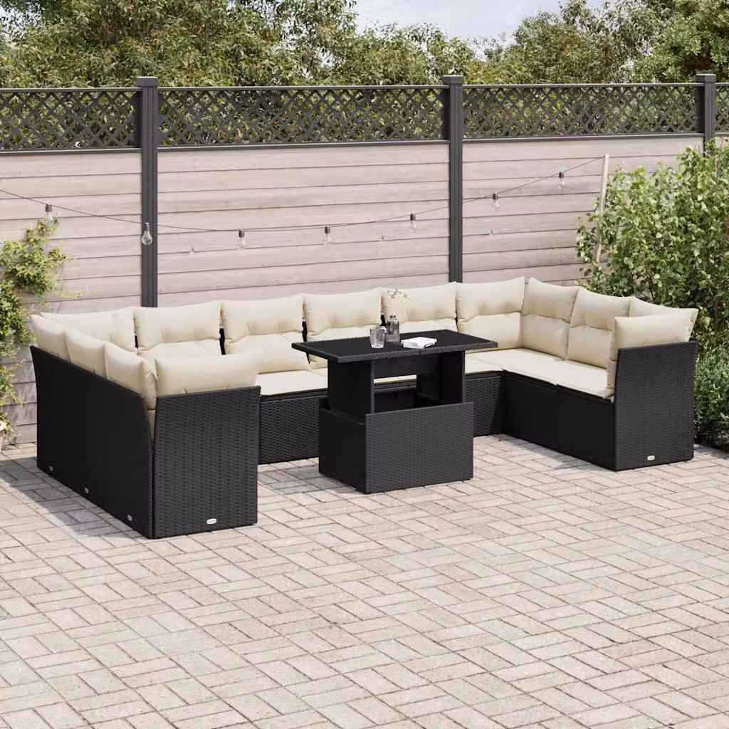 Set di divani da giardino vidaXL 11 pezzi con cuscini, design moderno a L, colore nero e beige con struttura in metallo e rattan