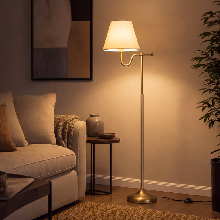 Costway Lampada piantana da terra in stile retro con paralume in tessuto beige e struttura in metallo oro/ottone per soggiorno e camera da letto