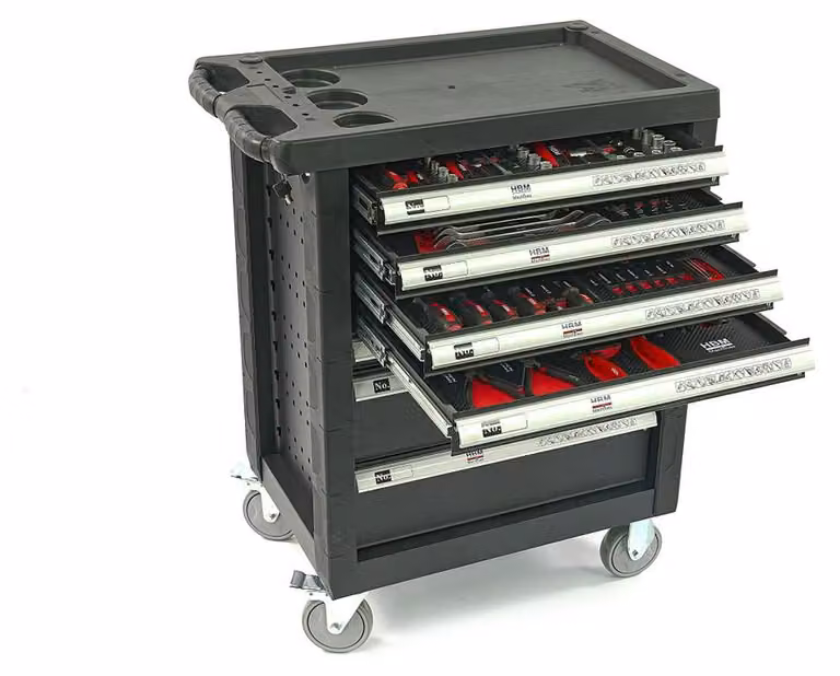 Armadio professionale - carrello portautensili da officina, con 7 cassetti, 154 utensili, 4 inserti in carbonio - premium, HBM Olanda